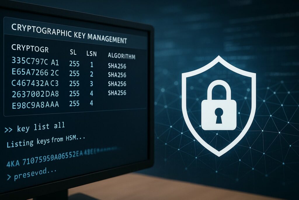 onsola de gestión criptográfica en pantalla con icono de seguridad y red digital al fondo.