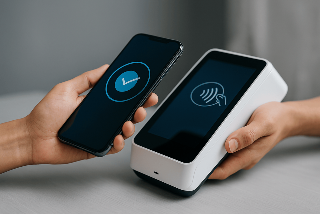 Pago contactless con smartphone en terminal POS moderno con pantalla táctil.
