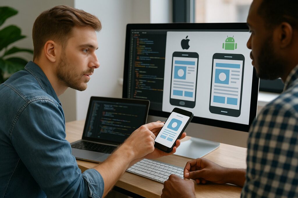 Desarrolladores trabajando en aplicaciones móviles para iOS y Android en entorno de oficina moderna.