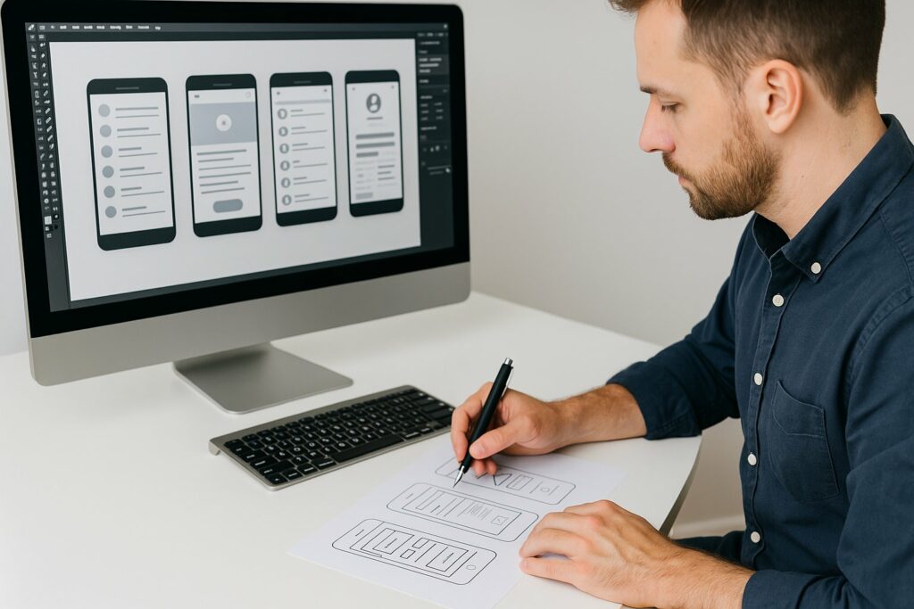 Diseñador de UI/UX trabajando en wireframes móviles frente a una pantalla con interfaces de aplicación.